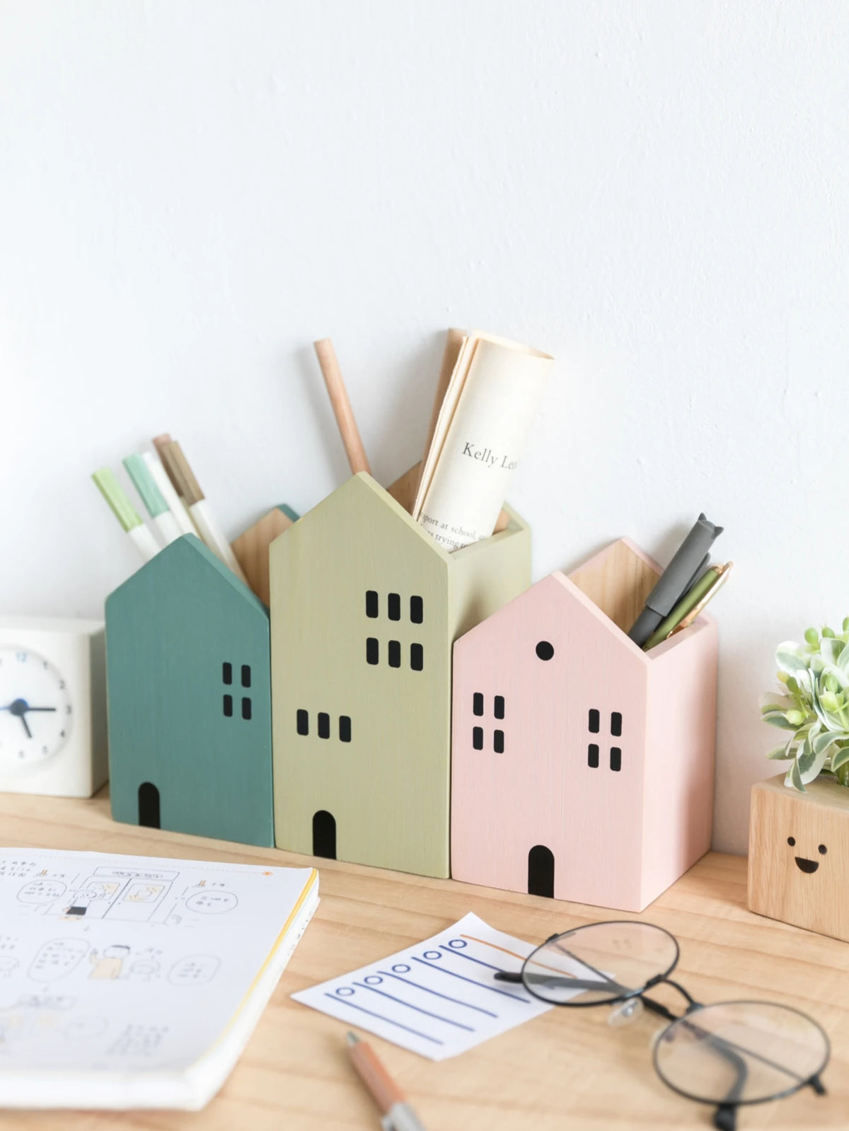 Wooden House Desktop Organiser