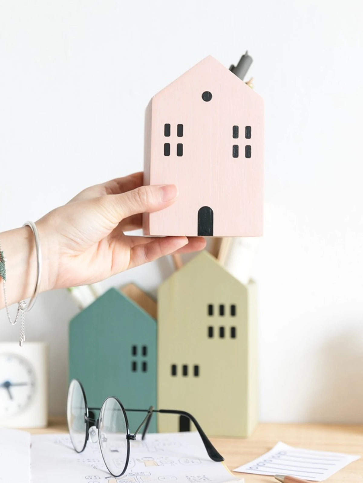 Wooden House Desktop Organiser